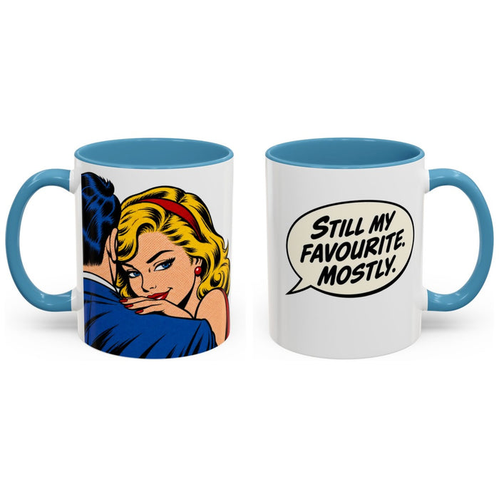 Still my favourite. Mostly. mug, 11oz white ceramic, light blue handle and interior, handle right