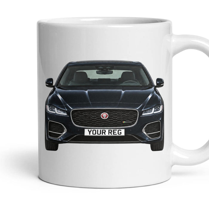 Jaguar XF Personalised Number Plate Mug - Santorini Black - Front & Rear mug, 11oz white ceramic, Santorini Black, handle right