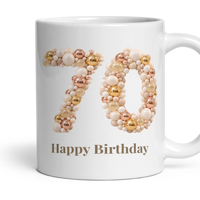 Chrome & Ivory Balloon Birthday Mug mug, 11oz white ceramic, 70th, handle right