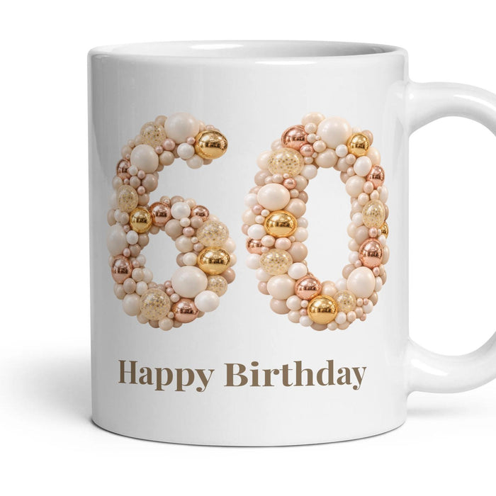 Chrome & Ivory Balloon Birthday Mug mug, 11oz white ceramic, 60th, handle right