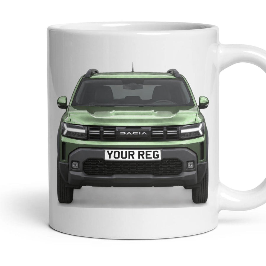 Dacia Duster Personalised Number Plate Mug - Cedar Green - Front & Rear mug, 11oz white ceramic, Cedar Green, handle right