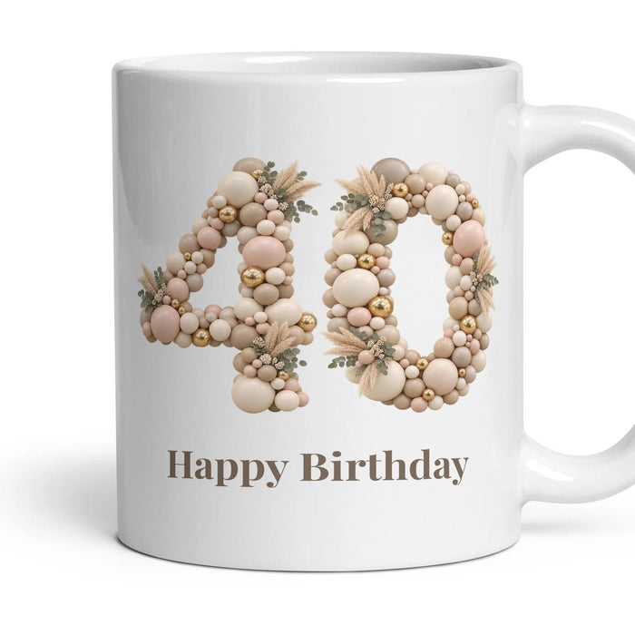 Neutral Garland Balloon Birthday Mug mug, 11oz white ceramic, 40th, handle right