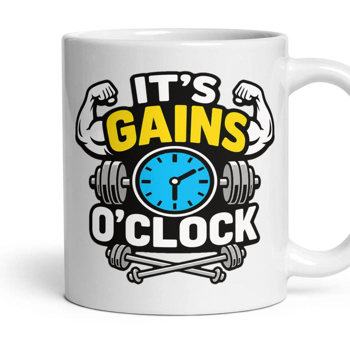 IT'S GAINS O'CLOCK mug, 11oz white ceramic, handle right