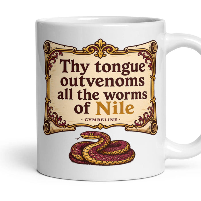 Thy tongue outvenoms all the worms of Nile mug, 11oz white ceramic, handle right