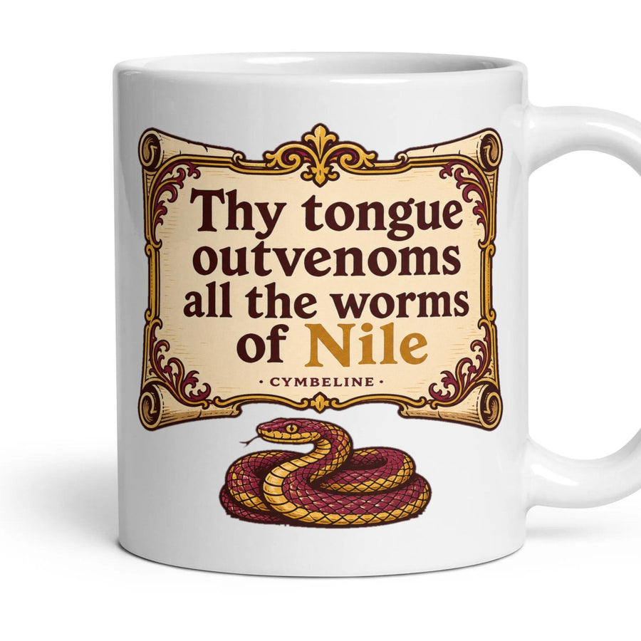 Thy tongue outvenoms all the worms of Nile mug, 11oz white ceramic, handle right