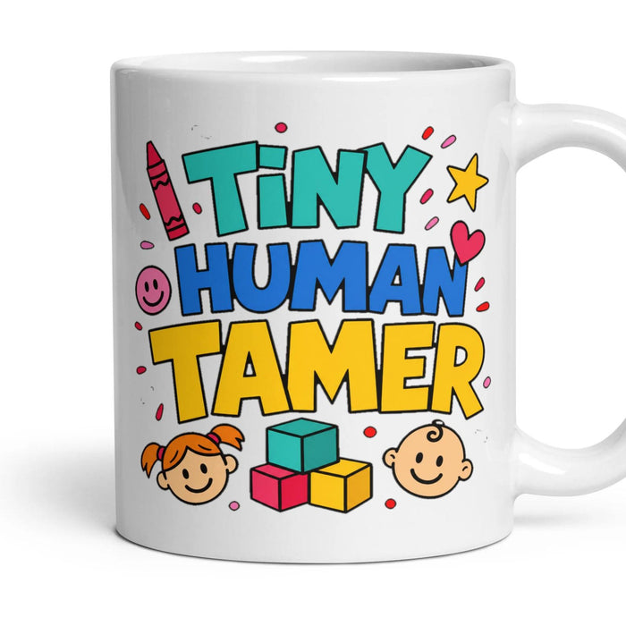 TINY HUMAN TAMER mug, 11oz white ceramic, handle right