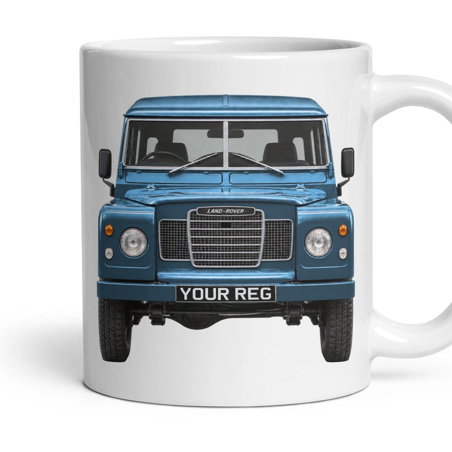 Land Rover Series III Personalised Number Plate Mug - Marine Blue - Front & Rear mug, 11oz white ceramic, Marine Blue, handle right