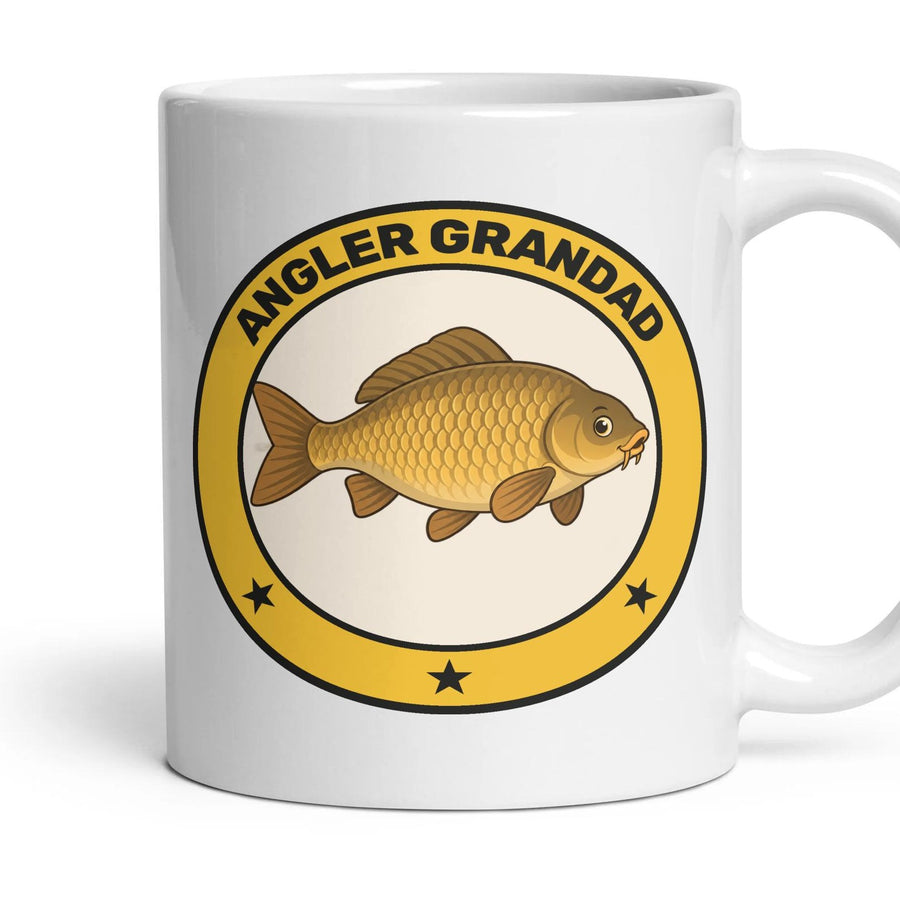 Angler Grandad mug, 11oz white ceramic, Carp, handle right