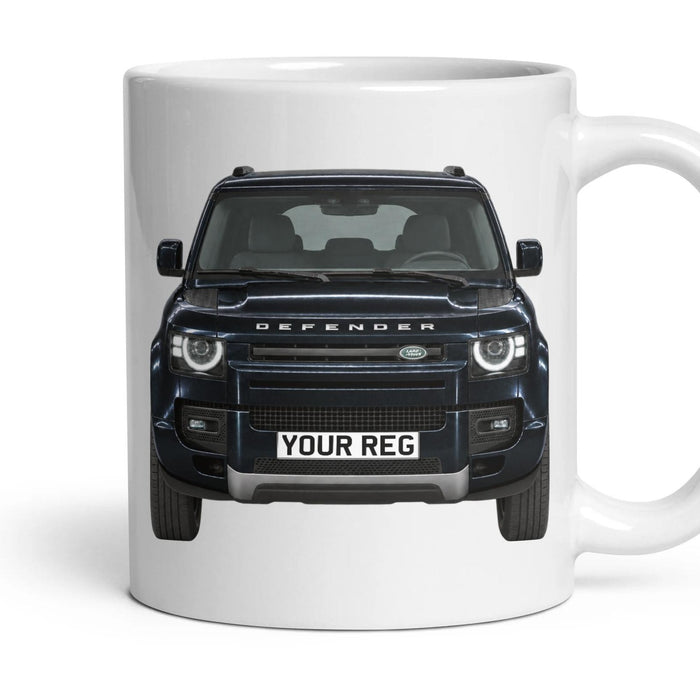 Land Rover Defender Personalised Number Plate Mug - Santorini Black - Front & Rear mug, 11oz white ceramic, Santorini Black, handle right