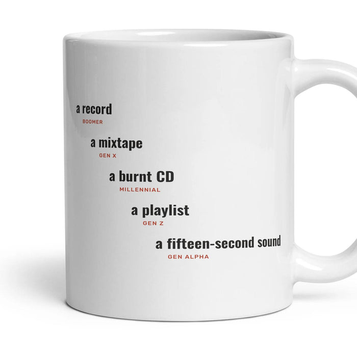Music: a record, a mixtape, a burnt CD, a playlist, a fifteen-second sound mug, 11oz white ceramic, handle right