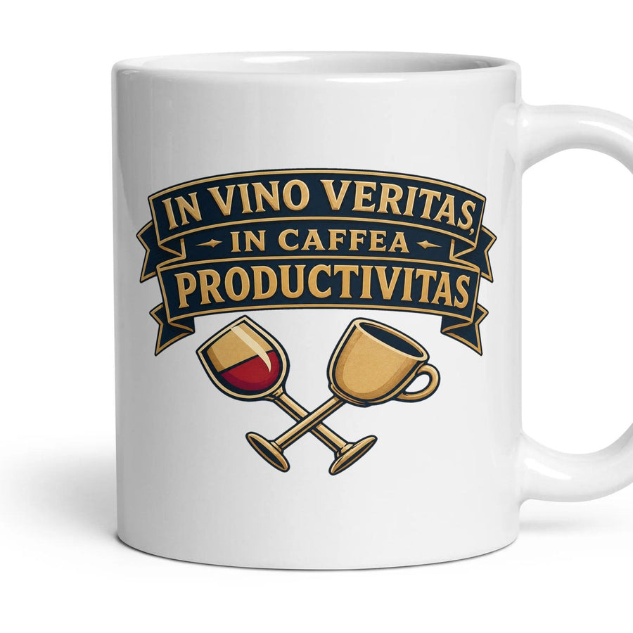 IN VINO VERITAS, IN CAFFEA PRODUCTIVITAS mug, 11oz white ceramic, handle right
