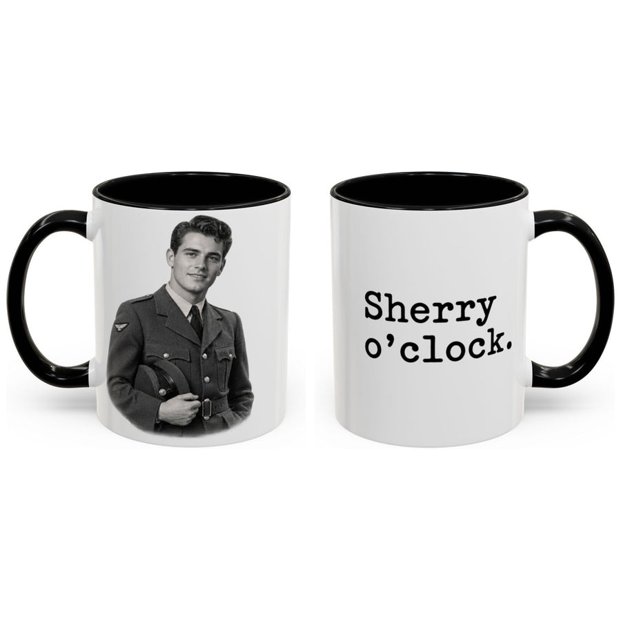 Sherry o'clock. mug, 11oz white ceramic, black handle and interior, handle right
