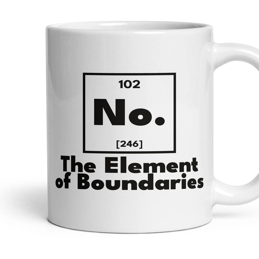 No. The Element of Boundaries mug, 11oz white ceramic, handle right
