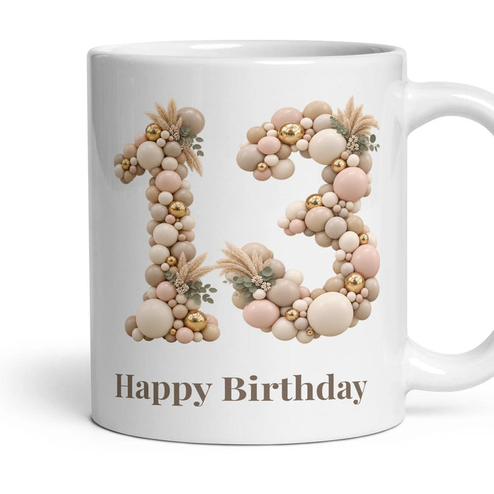 Neutral Garland Balloon Birthday Mug mug, 11oz white ceramic, 13th, handle right