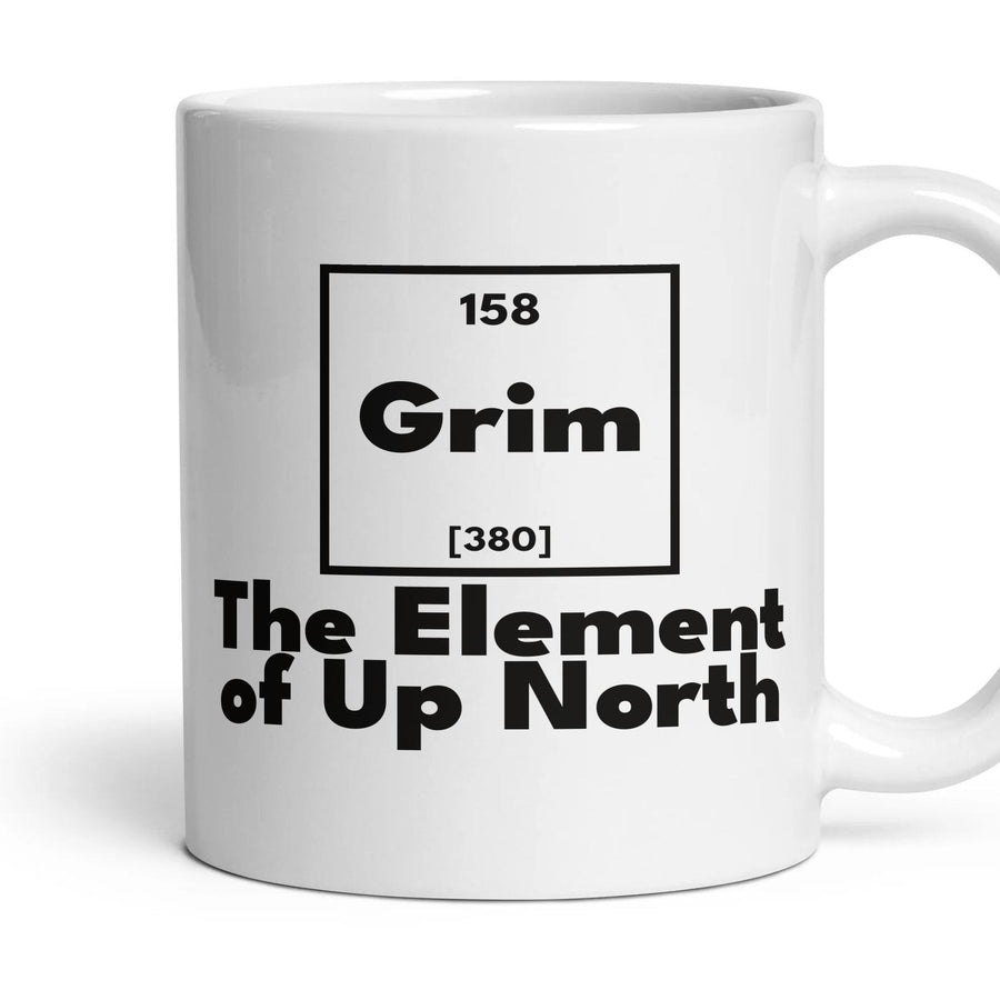 Grim The Element of Up North mug, 11oz white ceramic, handle right