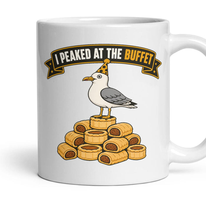 I Peaked at the Buffet mug, 11oz white ceramic, handle right
