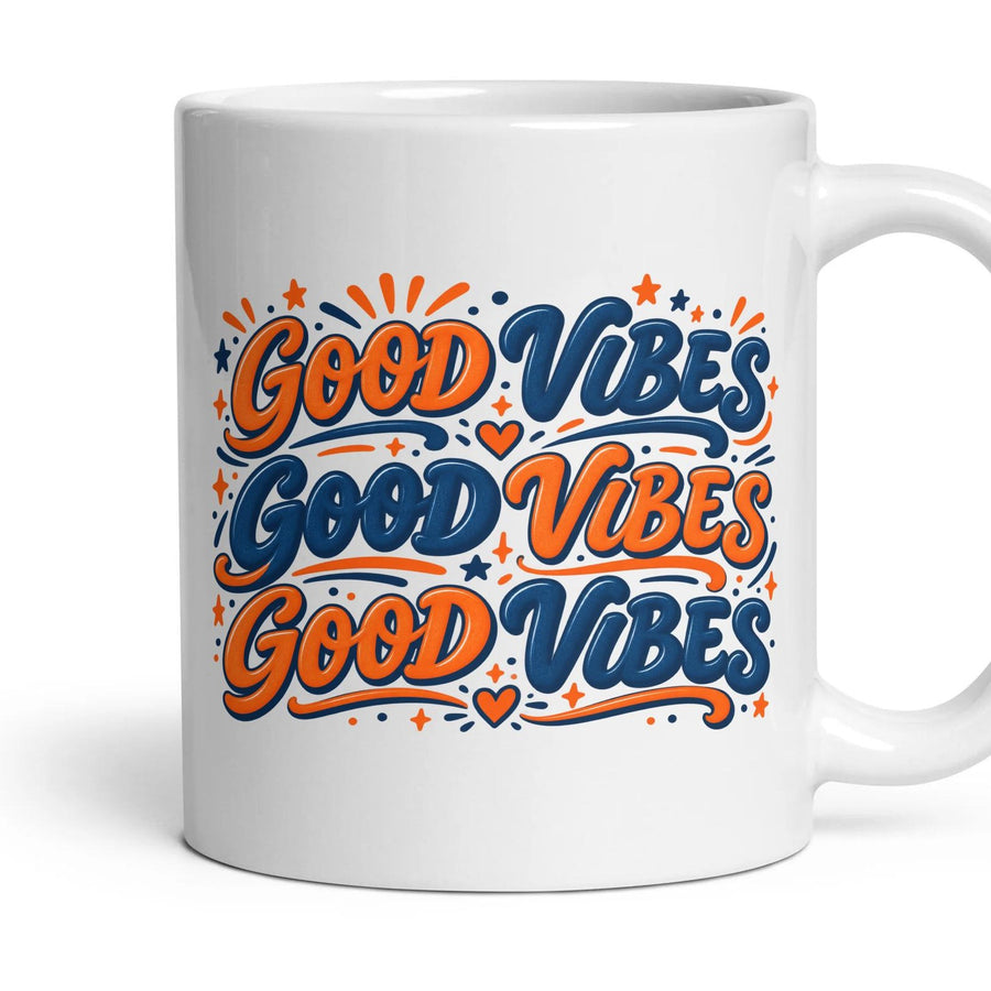 GOOD VIBES mug, 11oz white ceramic, handle right