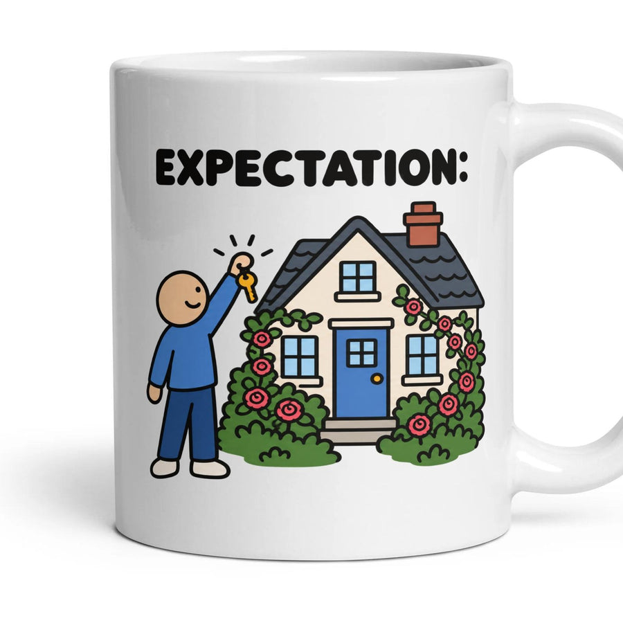 Moving House mug, 11oz white ceramic, handle right