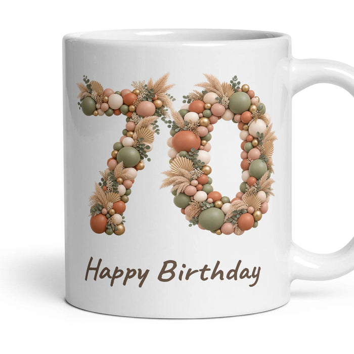 Boho Sage Balloon Birthday Mug mug, 11oz white ceramic, 70th, handle right