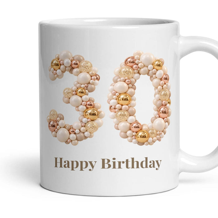 Chrome & Ivory Balloon Birthday Mug mug, 11oz white ceramic, 30th, handle right