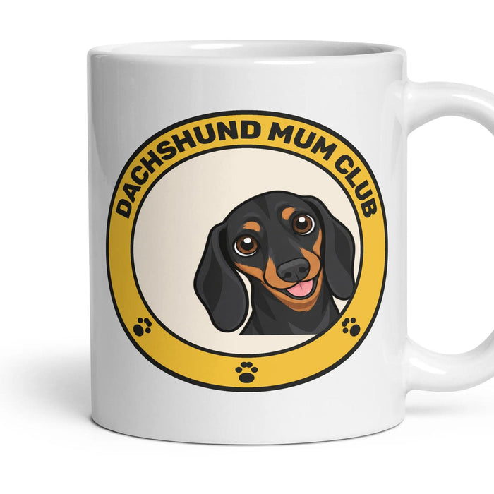 Dachshund Mum Club mug, 11oz white ceramic, Black & Tan, handle right