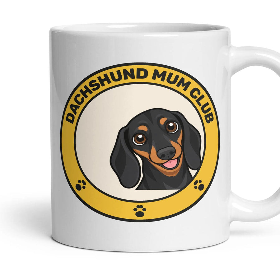 Dachshund Mum Club mug, 11oz white ceramic, Black & Tan, handle right