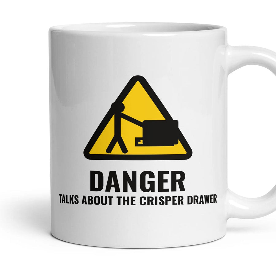 DANGER: TALKS ABOUT THE CRISPER DRAWER mug, 11oz white ceramic, handle right