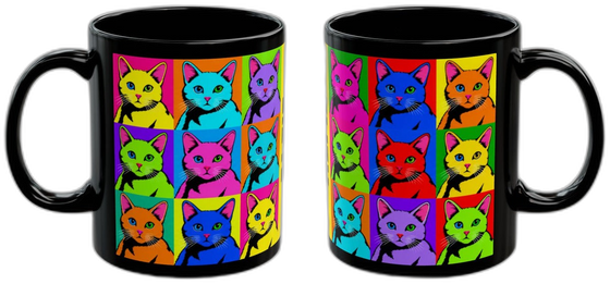 Personalised Pop Art Cat Mug, Black 11oz, Name on the Band