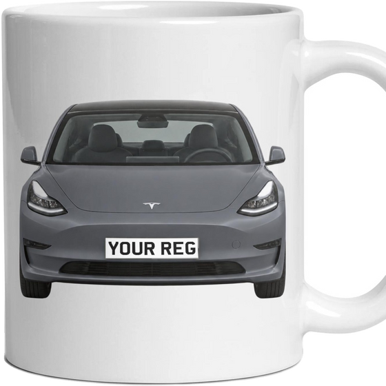 Tesla Model 3 Personalised Number Plate Mug - Stealth Grey - Front & Rear
