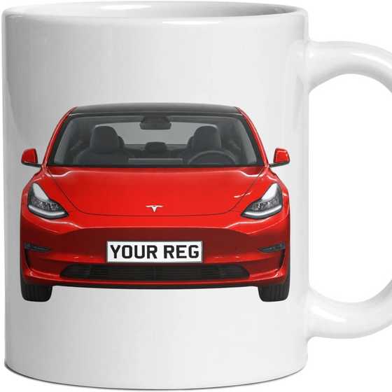 Tesla Model 3 Personalised Number Plate Mug - Ultra Red - Front & Rear